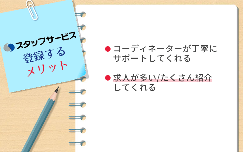 スタッフサービスに登録するメリット ●コーディネーターが丁寧にサポートしてくれる ●求人が多い/たくさん紹介してくれる