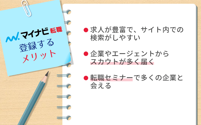 マイナビ転職に登録するメリット ●求人が豊富で、サイト内での検索がしやすい ●企業やエージェントからスカウトが多く届く ●転職セミナーで多くの企業と会える