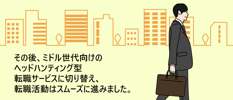 その後、ミドル世代向けのヘッドハンティング型転職サービスに切り替え、転職活動はスムーズに進みました。
