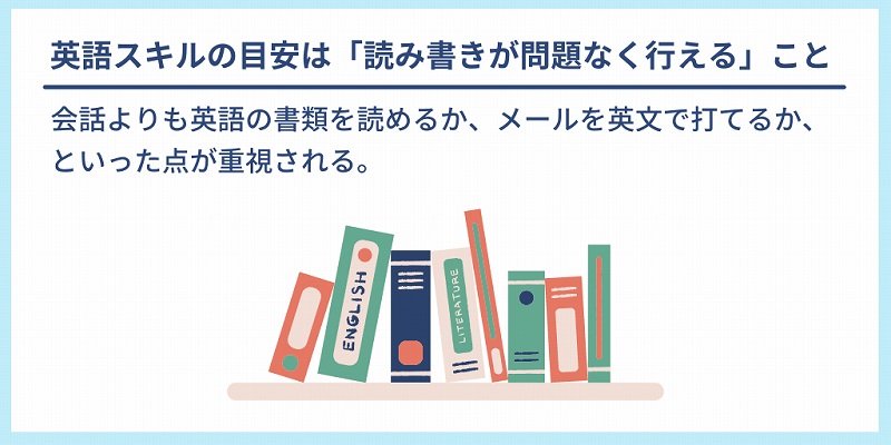英語スキルの目安は「読み書きが問題なく行える」こと|会話よりも英語の書類を読めるか、メールを英文で打てるか、といった点が重視される。