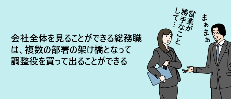 会社全体を見れる総務職は、複数の部署の架け橋となって調整役を買って出ることができる