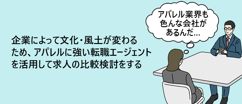 企業によって文化・風土が変わるため、アパレルに強い転職エージェントを活用して求人の比較検討をする