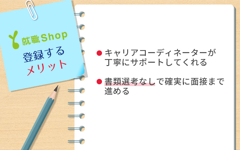 就職Shopに登録するメリット ●キャリアコーディネーターが丁寧にサポートしてくれる ●書類選考なしで確実に面接まで進める