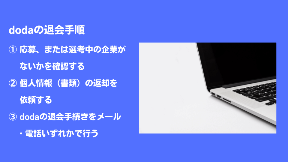 dodaの退会手順 ①応募、または選考中の企業がないかを確認する ②個人情報(書類)の返却を依頼する ③dodaの退会手続きをメール・電話いずれかで行う