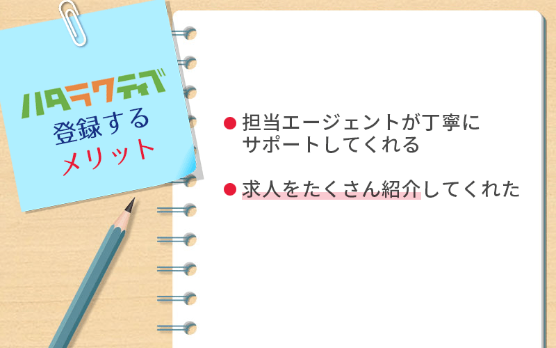 ハタラクティブに登録するメリット ●担当エージェントが丁寧にサポートしてくれる ●求人をたくさん紹介してくれた