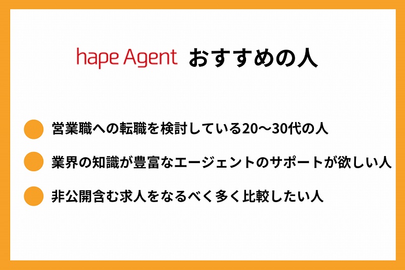 hapeエージェントがおすすめの人 ●営業職への転職を検討している20~30代の人 ●業界の知識が豊富なエージェントのサポートが欲しい人 ●非公開含む求人をなるべく多く比較したい人