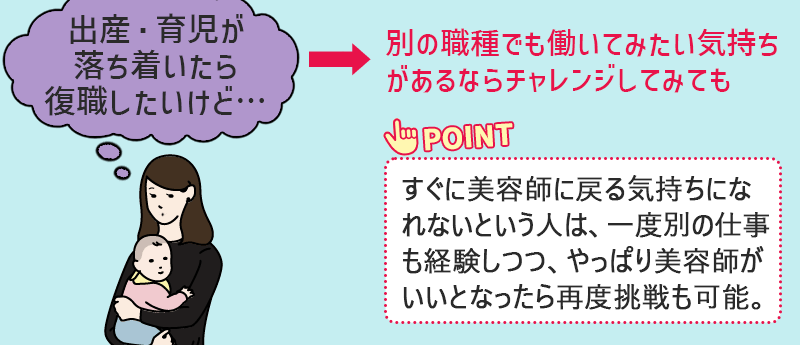 (出産・育児が落ち着いたら復職したいけど…)→別の職種でも働いてみたい気持ちがあるならチャレンジしてみても ●POINT:すぐに美容師に戻る気持ちになれないという人は、いちど別の仕事も経験しつつ、やっぱり美容師がいいとなったら再度挑戦も可能。