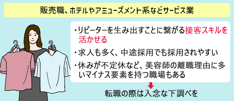 ●販売職、ホテルやアミューズメント系などサービス業 ・リピーターを生み出すことに繋がる接客スキルを活かせる ・求人も多く、中途採用でも採用されやすい ・休みが不定期など、美容師の離職理由に多いマイナス要素を持つ職場もある →転職の際は入念な下調べを