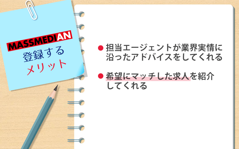 マスメディアンに登録するメリット ●担当エージェントが業界実情に沿ったアドバイスをしてくれる ●希望にマッチした求人紹介をしてくれる