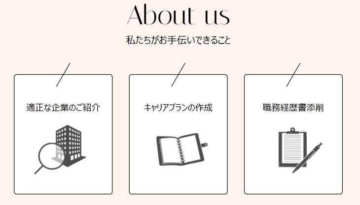 About us 私たちがお手伝いできること ●適正な企業のご紹介 ●キャリアプランの作成 ●職務経歴書添削