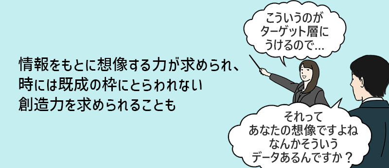 情報をもとに想像する力が求められ、時には既成の枠にとらわれない創造力を求められることも