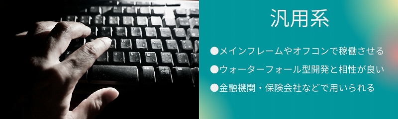 汎用系|●メインフレームやオフコンで稼働させる ●ウォーターフォール型開発と相性が良い ●金融機関・保険会社などで用いられる