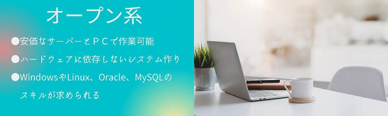オープン系|●安価なサーバーとpcで作業可能 ●ハードウェアに依存しないシステム作り ●WindowsやLinux、Oracle、MySQLのスキルが求められる