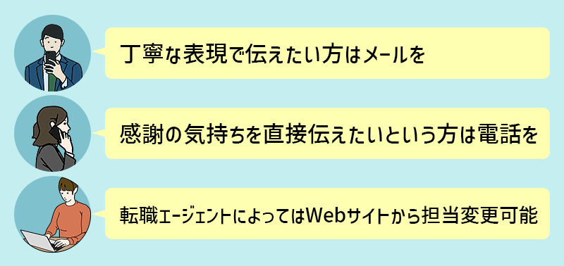 丁寧な表現で伝えたい方はメールを。感謝の気持ちを直接伝えたいという方は電話を。転職エージェントによってはWebサイトから担当変更可能。