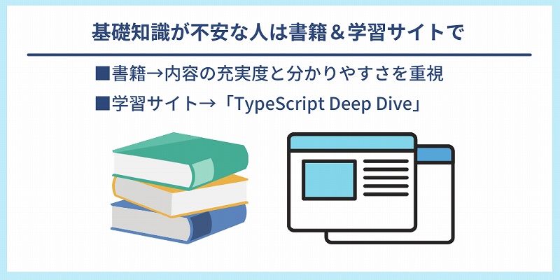 基礎知識が不安な人は書籍&学習サイトで|■書籍→内容の充実度と分かりやすさを重視 ■学習サイト→「TypeScript Deep Dive」