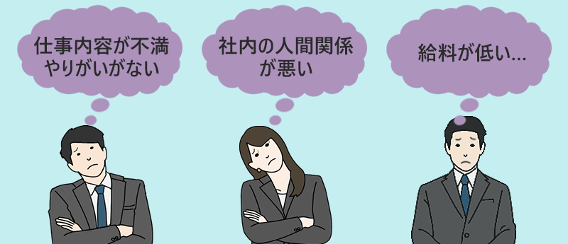 「仕事内容が不満やりがいがない」「社内の人間関係が悪い」「給料が低い…」