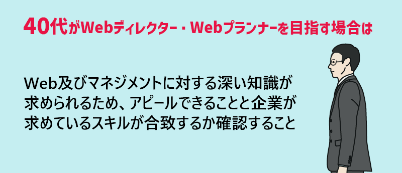 40代がWebディレクター・Webプランナーを目指す場合は、Web及びマネジメントに対する深い知識が求められるため、アピールできることと企業が求めているスキルが合致するか確認すること