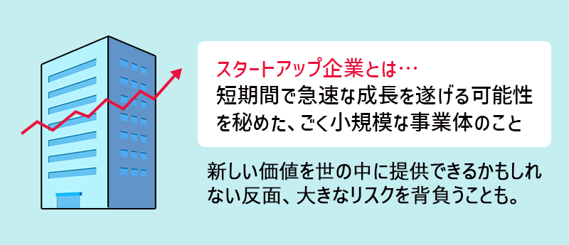 スタートアップ企業とは…短期間で急速な成長を遂げる可能性を秘めた、ごく小規模な事業体のこと。新しい価値を世の中に提供できるかもしれない反面、大きなリスクを背負うことも。