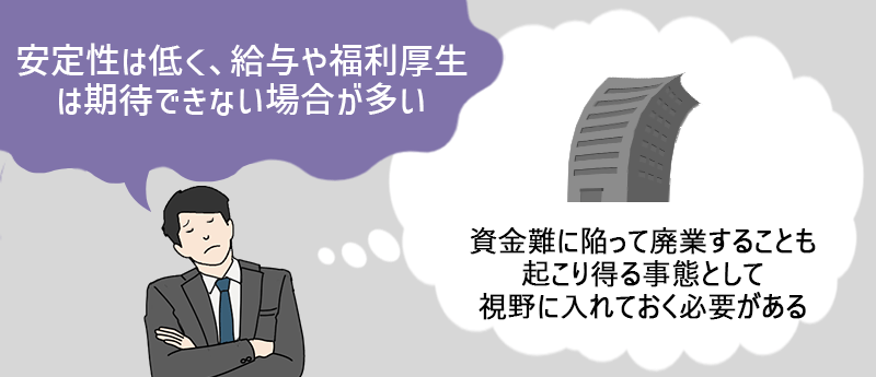 安定性は低く、給与や福利厚生は期待できない場合が多い。資金難に陥って廃業することも起こり得る事態として視野に入れておく必要がある