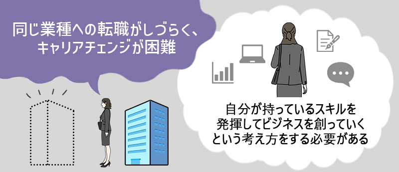 同じ業種への転職がしづらく、キャリアチェンジが困難。自分が持っているスキルを発揮してビジネスを創っていくという考え方をする必要がある