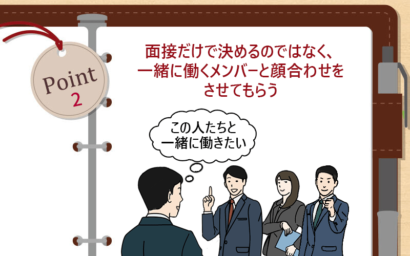 面接だけで決めるのではなく、一緒に働くメンバーと顔合わせをさせてもらう