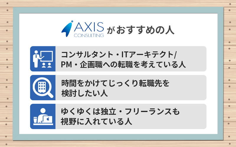 アクシスコンサルティングがおすすめの人 ●コンサルタント・ITアーキテクト/PM・企画職への転職を考えている人 ●時間をかけてじっくり転職先を検討したい人 ●ゆくゆくは独立・フリーランスも視野に入れている人