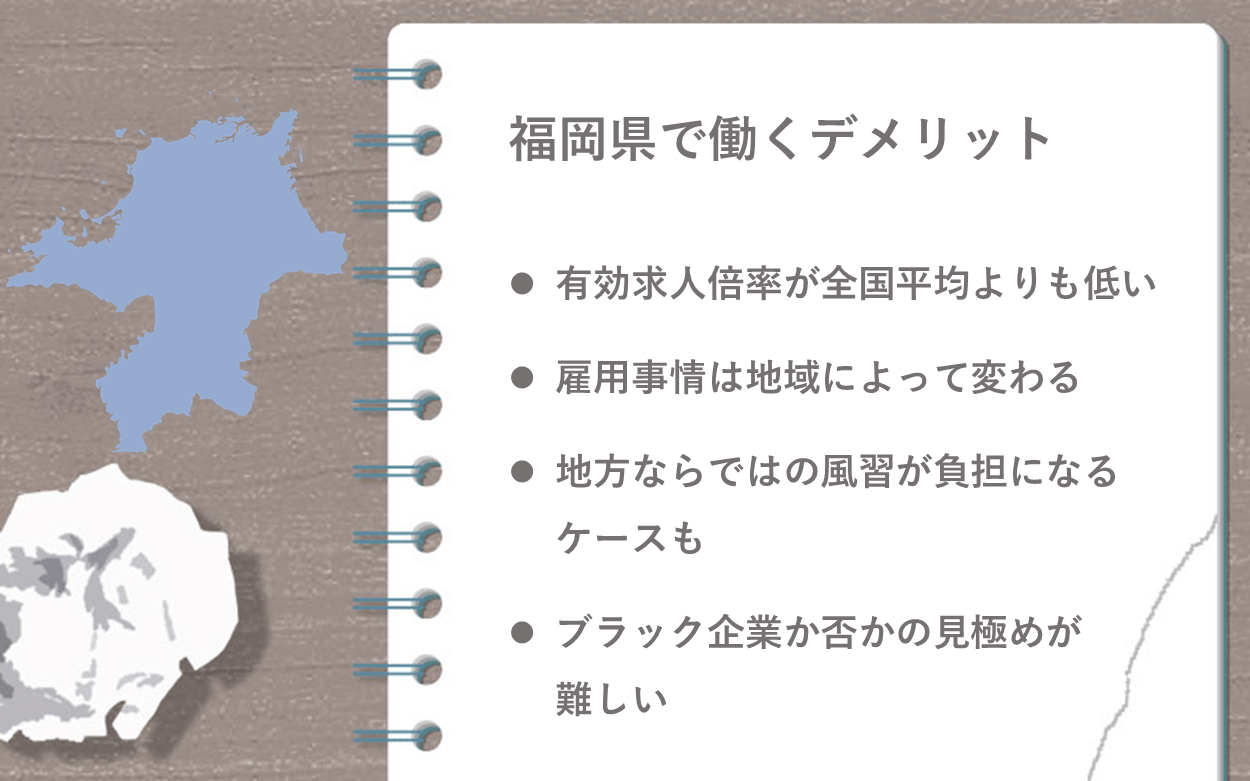 福岡県で働くデメリット ●有効求人倍率が全国平均よりも低い ●雇用事情は地域によって変わる ●地方ならではの風習が負担になるケースも ●ブラック企業か否かの見極めが難しい