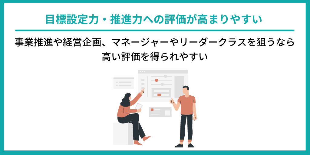 目標設定力・推進力への評価が高まりやすい|事業推進や経営企画、マネージャーやリーダークラスを狙うなら高い評価を得られやすい