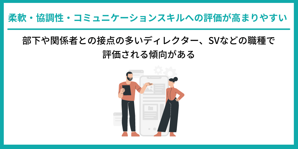 柔軟・協調性・コミュニケーションスキルへの評価が高まりやすい|部下や関係者との接点の多いディレクター、SVなどの職種で評価される傾向がある
