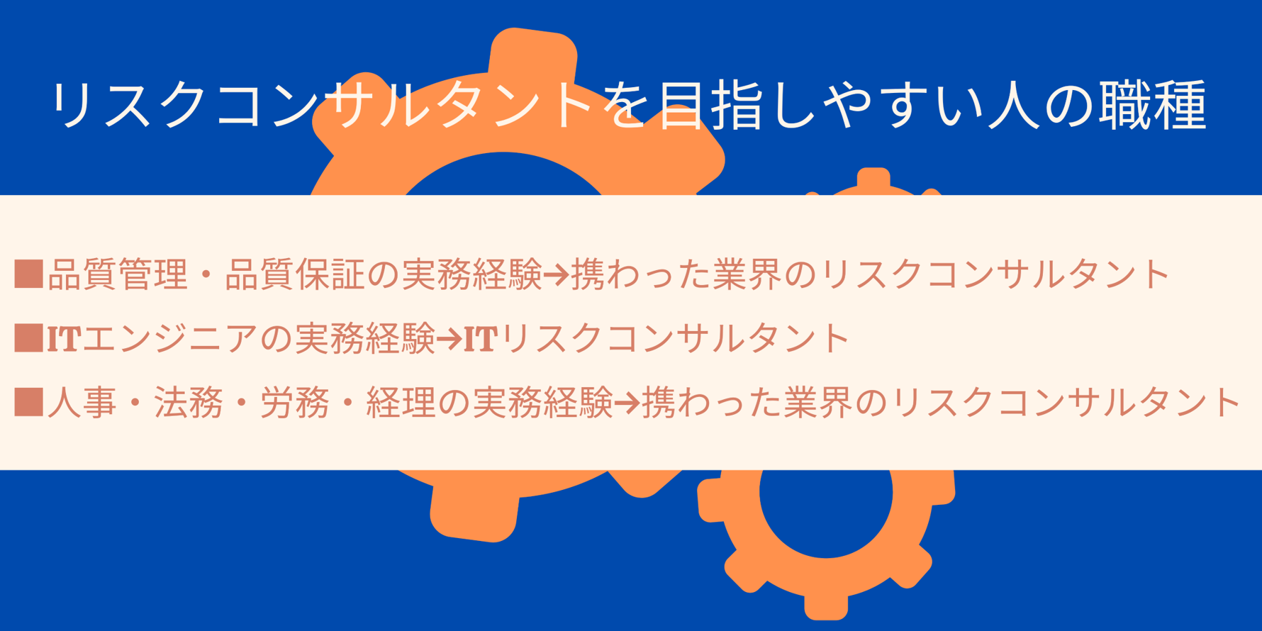 リスクコンサルタントを目指しやすい人の職種|■品質管理・品質保証の実務経験→携わった業界のリスクコンサルタント ■ITエンジニアの実務経験→ITリスクコンサルタント ■人事・法務・労務・経理の実務経験→携わった業界のリスクコンサルタント