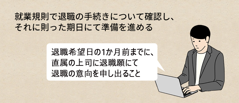 就業規則で退職の手続きについて確認し、それに則った期日にて準備を進める