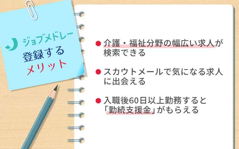 ジョブメドレー介護に登録するメリット ●介護・福祉分野の幅広い求人が検索できる ●スカウトメールで気になる求人に出会える ●入職後60日以上勤務すると「勤続支援金」がもらえる