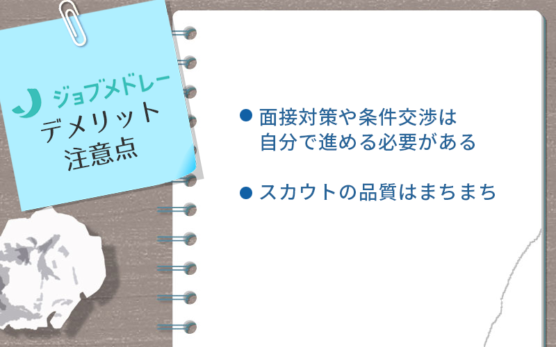 ジョブメドレー介護のデメリット・注意点 ●面接対策や条件交渉は自分で進める必要がある ●スカウトの品質はまちまち