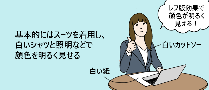基本的にはスーツを着用し、白いシャツと照明などで顔色を明るく見せる ●白いカットソー ●白い紙 →レフ版効果で顔色が明るく見える!