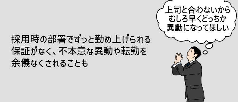 採用時の部署でずっと勤め上げられる保証がなく、不本意な異動や転勤を余儀なくされることも