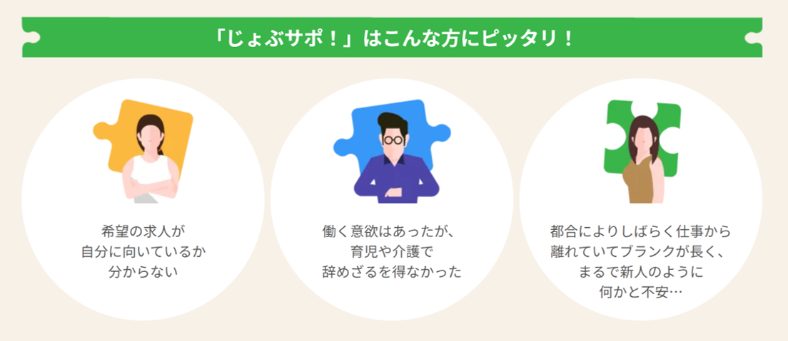 「じょぶサポッ!」はこんな方にピッタリ! ■希望の求人が自分に向いているか分からない ■働く意欲はあったが、育児や介護で辞めざるを得なかった ■都合によりしばらく仕事から離れていてブランクが長く、まるで新人のように何かと不安…