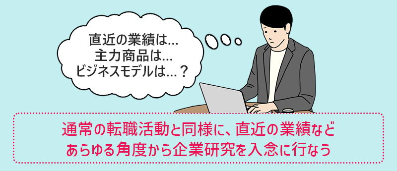 通常の転職活動と同様に、直近の業績などあらゆる角度から企業研究を入念に行う