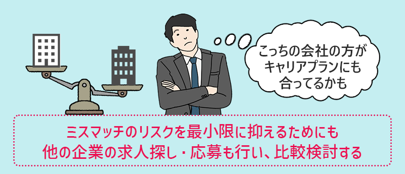 ミスマッチのリスクを最小限に抑えるためにも、他の企業の求人探し・応募も行い比較検討する
