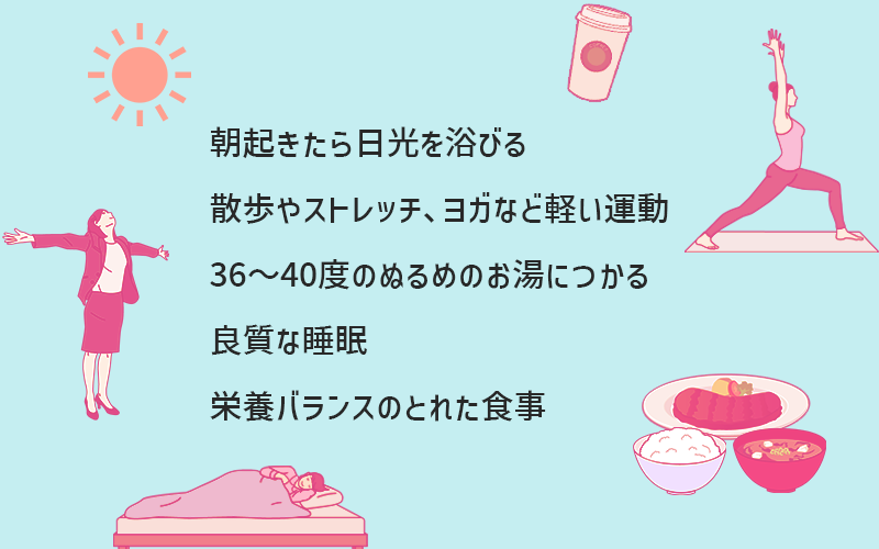 ・朝起きたら日光を浴びる ・散歩やストレッチ、ヨガなどの軽い運動 ・毎日、36~40度のぬるめのお湯につかる ・良質な睡眠(夜の睡眠時間の確保と、休日での15~30分ほどの適度な昼寝) ・栄養バランスのとれた食事