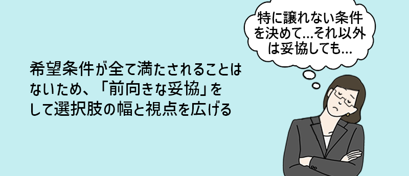 希望条件が全て満たされることはないため、「前向きな妥協」をして選択肢の幅と視点を広げる