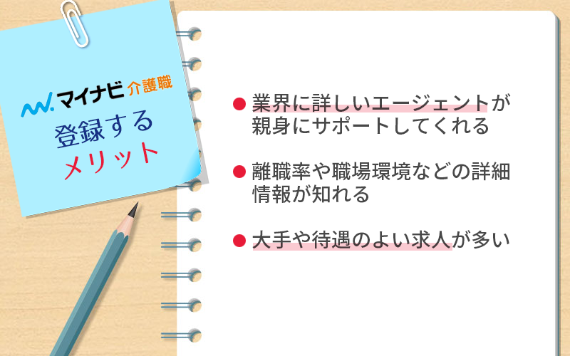 マイナビ介護職に登録するメリット ●業界に詳しいエージェントが親身にサポートしてくれる ●離職率や職場環境などの詳細情報が知れる ●大手や待遇のよい求人が多い