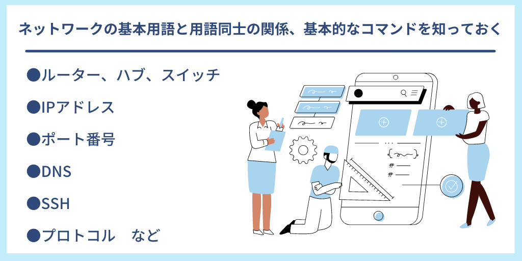 ネットワークの基本用語と用語同士の関係、基本的なコマンドを知っておく|●ルーター、ハブ、スイッチ ●IPアドレス ●ポート番号 ●DNS ●SSH ●プロトコル など
