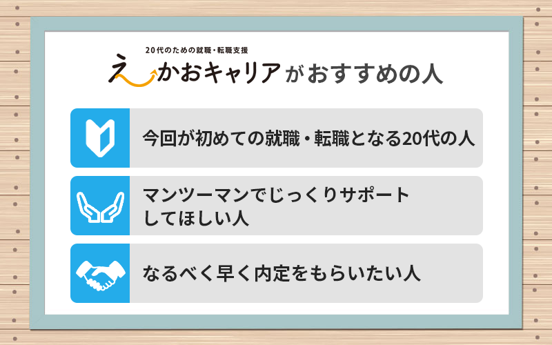 えーかおキャリアがおすすめの人 ●今回が初めての就職・転職となる20代の人 ●マンツーマンでじっくりサポートしてほしい人 ●なるべく早く内定をもらいたい人