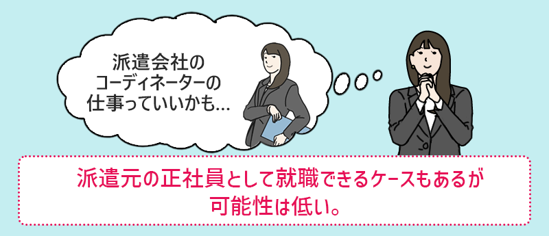 派遣元の正社員として就職できるケースもあるが可能性は低い。