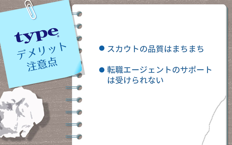 typeのデメリット・注意点 ●スカウトの品質はまちまち ●転職エージェントのサポートは受けられない