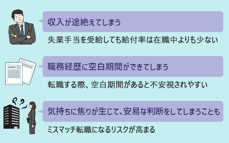 辞めてから転職活動を行うデメリット ●収入が途絶えてしまう ●職務経歴に空白期間ができてしまう ●気持ちに焦りが生じてしまい、安易な判断をしてしまうことも