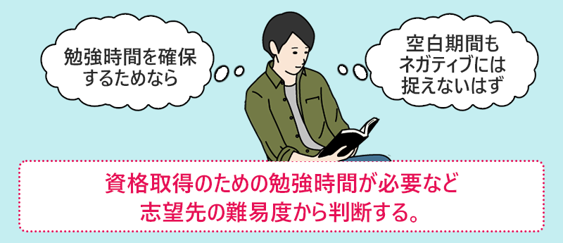 「勉強時間を確保するためなら、空白期間もネガティブには捉えられないはず」資格取得のための勉強時間が必要など志望先の難易度から判断する。