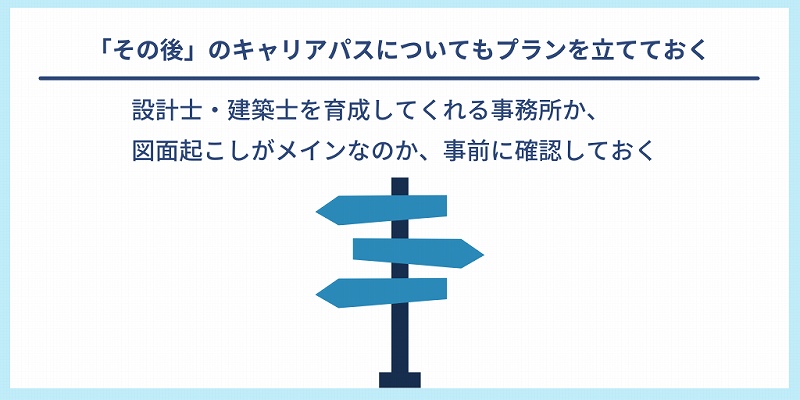「その後」のキャリアパスについてもプランを立てておく|設計士・建築士を育成してくれる事務所か、図面起こしがメインなのか、事前に確認しておく