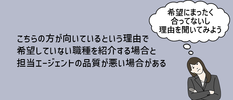転職エージェントのデメリット2 こちらの方が向いているという理由で希望していない職種を紹介する場合と担当エージェントの品質が悪い場合がある