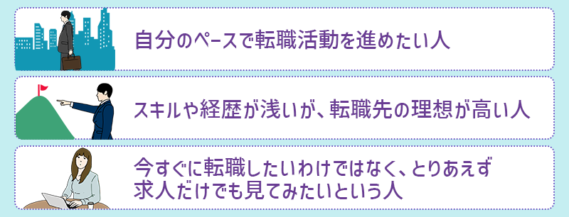 転職エージェントの利用がおすすめでない人 ●自分のペースで転職活動を進めたい人 ●スキルや経歴が浅いものの、転職先の理想が高い人 ●今すぐに転職したいわけではなく、 とりあえず求人だけでも見てみたいという人